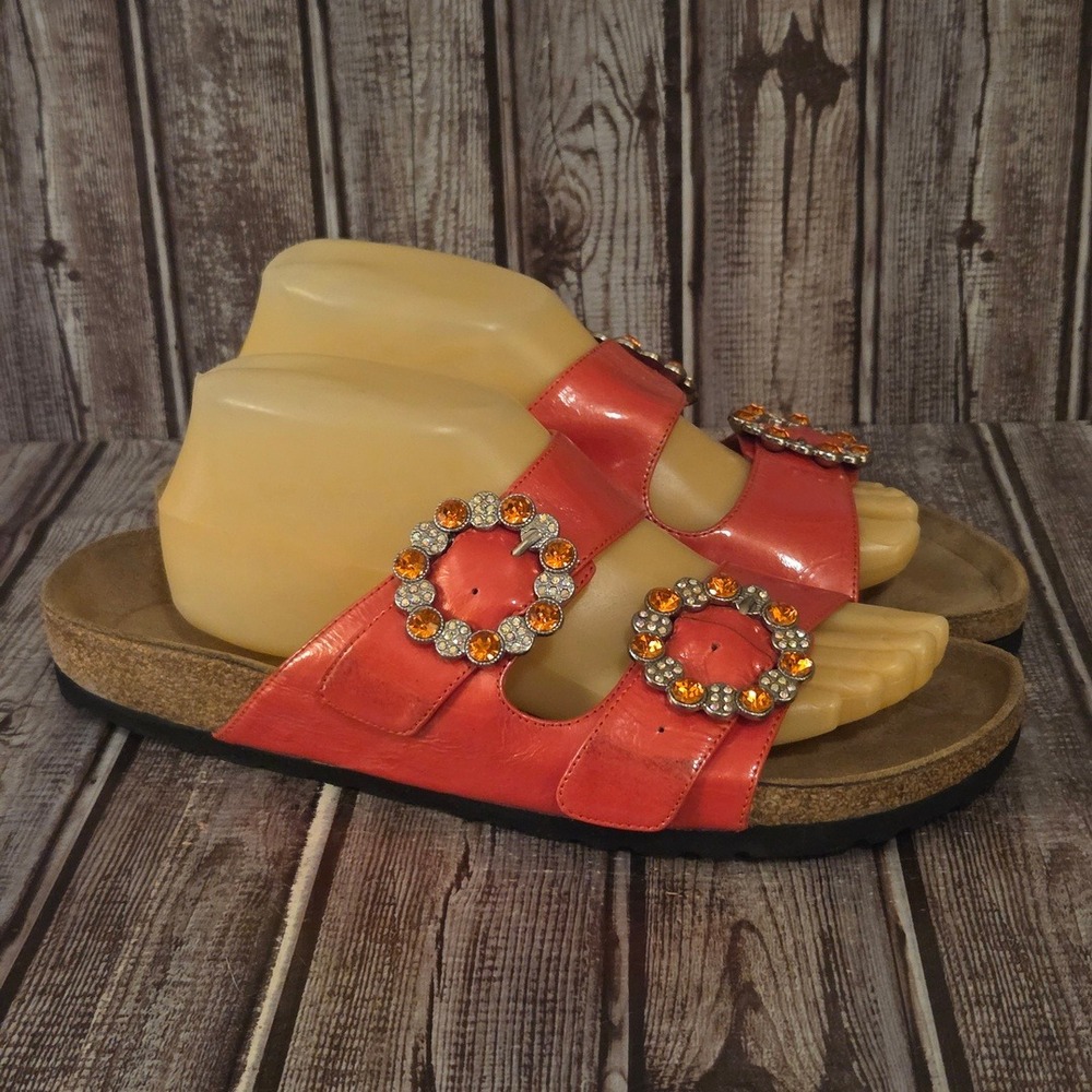Sz 41/ 10 N Tatami Birkenstock Coral Patent Rhinestone Buckle Slide VGUC!